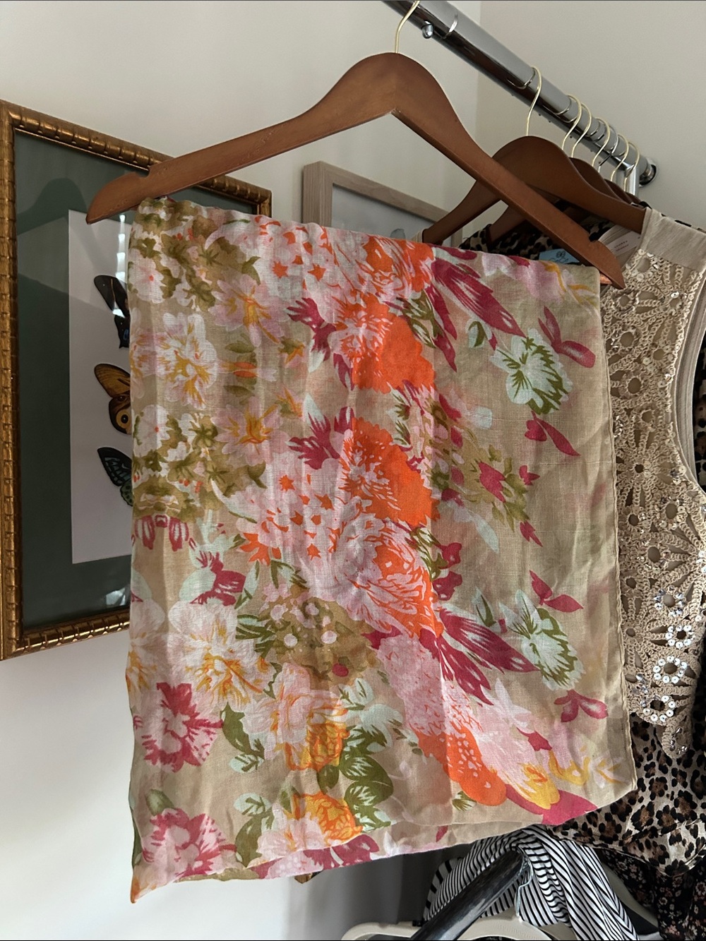 Floral Print Lightweight infinity scarf  - Beige with Orange & Pink